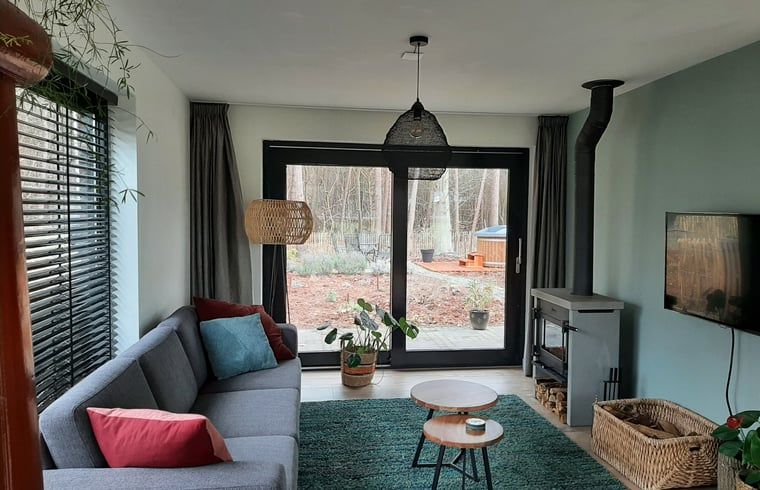 Stylish living room in Holiday home in Ommen, Vechtstreek, Overijssel, with terrace view.