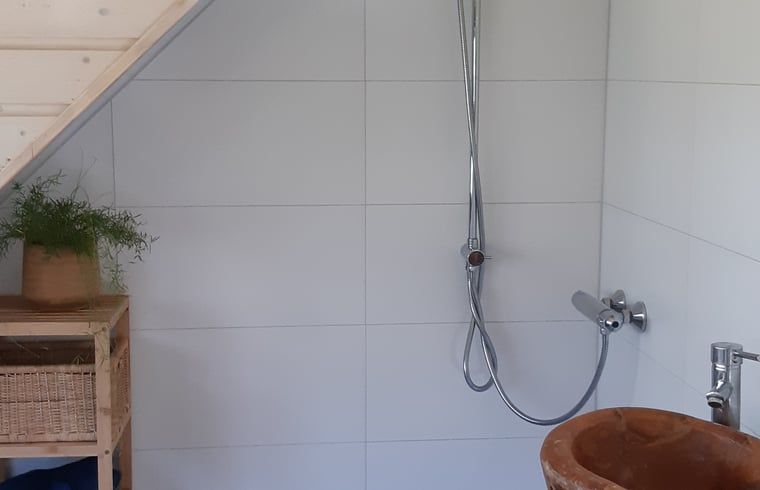 Modern shower in Holiday home in Ommen, Vechtstreek, Overijssel, with natural stone sink.