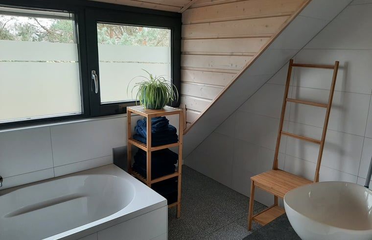 Spacious bathroom in Holiday home in Ommen, Vechtstreek, Overijssel, with bathtub.