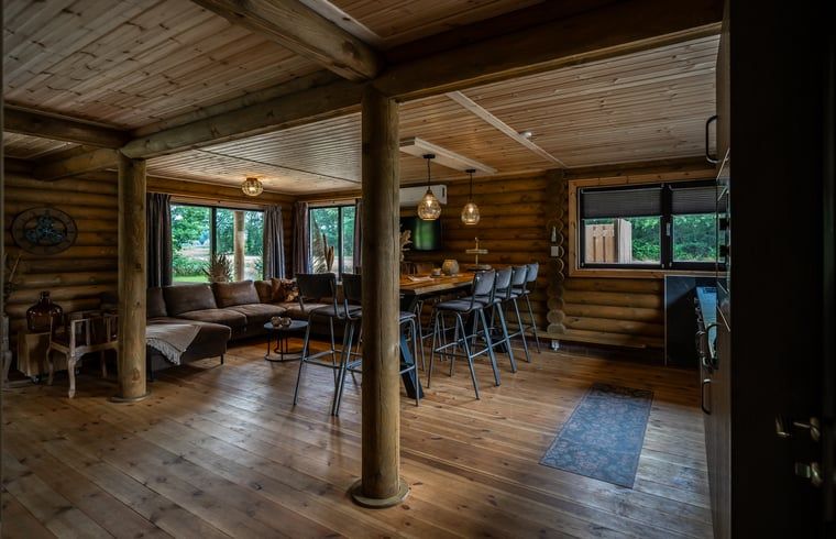 Gezellige woonkamer in Vakantiehuis in Ommen, met houten interieur, gelegen in de Vechtstreek, Overijssel.