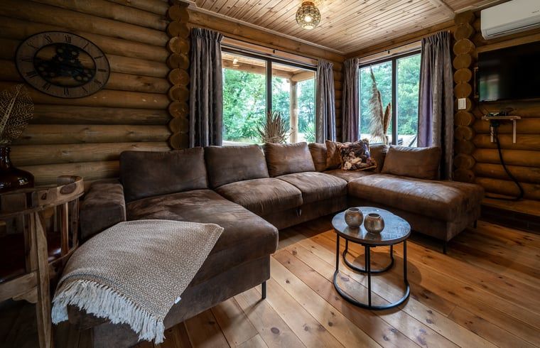 Comfortabele zithoek in Vakantiehuis in Ommen, met uitzicht op de groene natuur in de Vechtstreek, Overijssel.