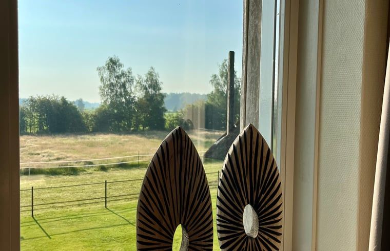 Blick aus dem Schlafzimmer des Ferienhauses in Beerze, Overijssel, mit dekorativen Elementen und gruener Umgebung.