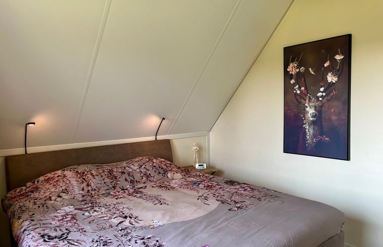 Attraktives Schlafzimmer im Ferienhaus in Beerze, Vechtstreek, Overijssel mit Kunstwerken und bequemem Bett.