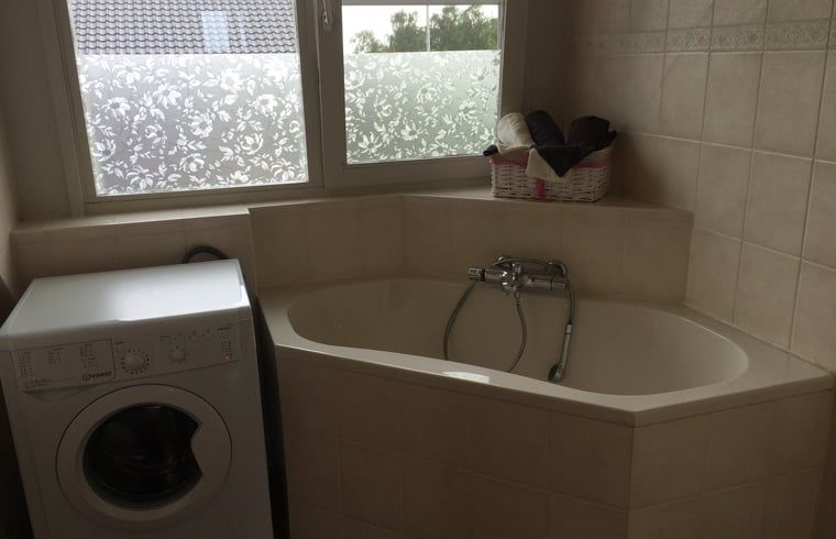 Badezimmer mit Badewanne und Waschmaschine im Ferienhaus in Beerze, Vechtstreek, Overijssel fuer hoechsten Komfort.