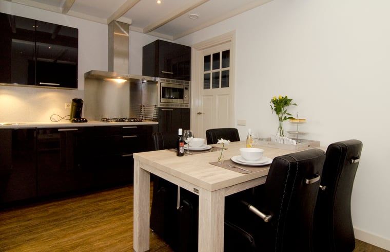 Cozy kitchen of Huisje in Dalfsen, vacation home in the Vecht region, Overijssel, with modern furnishings and cozy dining area.