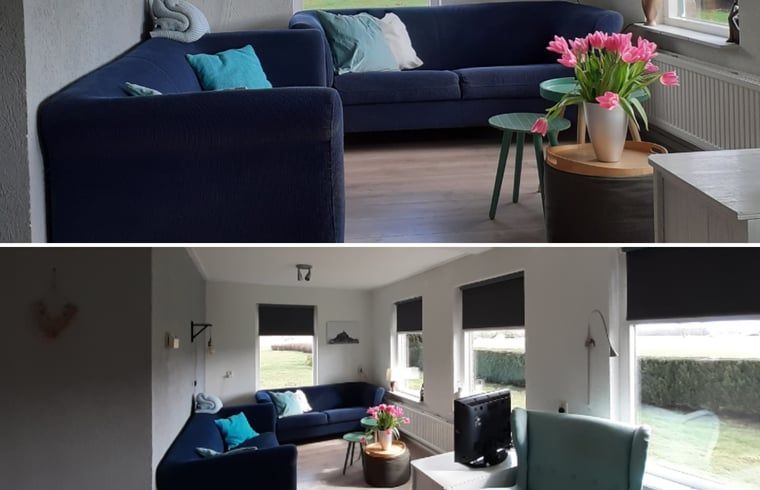 Gemuetliches Wohnzimmer des Ferienhauses in Rheezerveen mit bequemen Sofas, Vechtstreek, Overijssel.