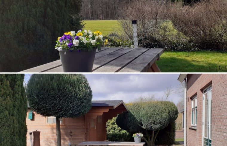 Rustikale Terrasse des Ferienhauses in Rheezerveen mit Blick auf gruene Felder, Region Vecht, Overijssel.