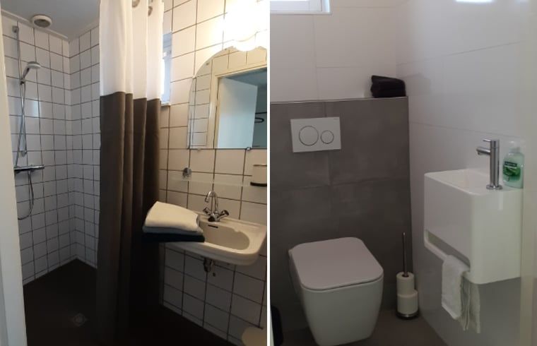 Modernes Badezimmer im Ferienhaus in Rheezerveen, mit Dusche und Toilette, Vechtstreek, Overijssel.