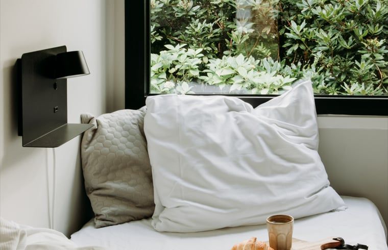 Ontbijt in bed met uitzicht in Vakantiehuisje in Rheezerveen, Vechtstreek, Overijssel.