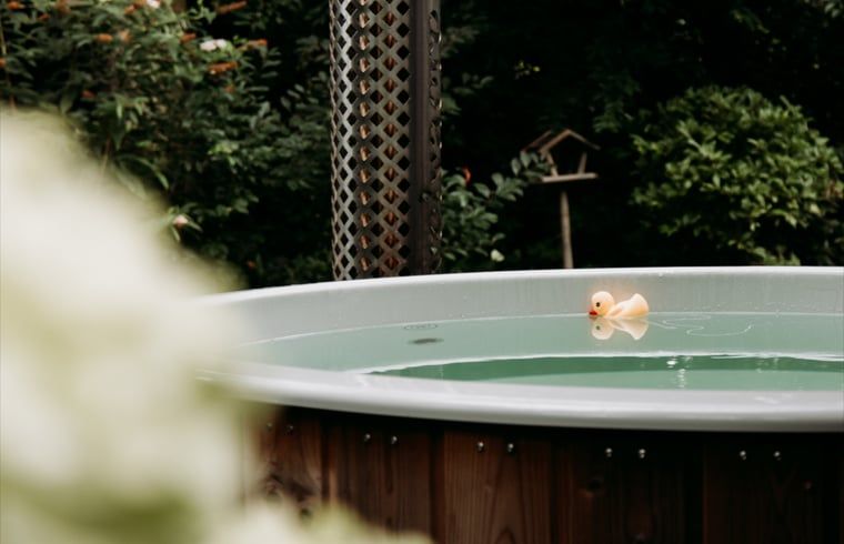 Bubbelbad in de tuin van Vakantiehuisje in Rheezerveen, Vechtstreek, Overijssel.