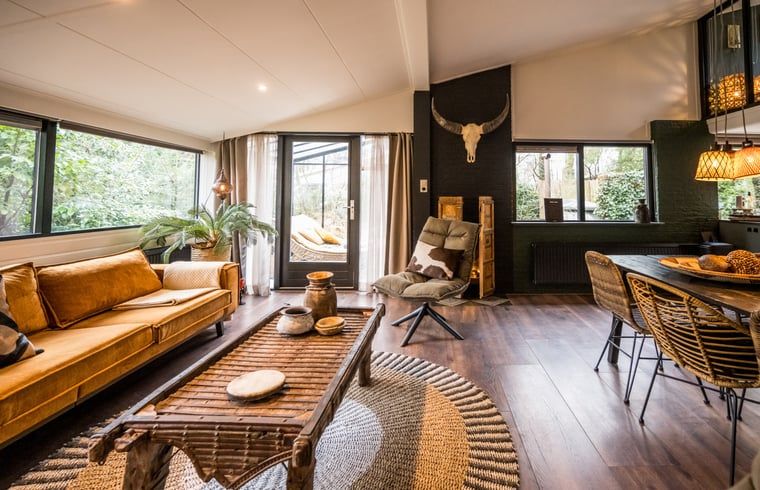 Geraeumiger Wohnraum im Ferienhaus in Rheezerveen, Vechtstreek, Overijssel mit Holzboeden und einer gemuetlichen Sitzecke.