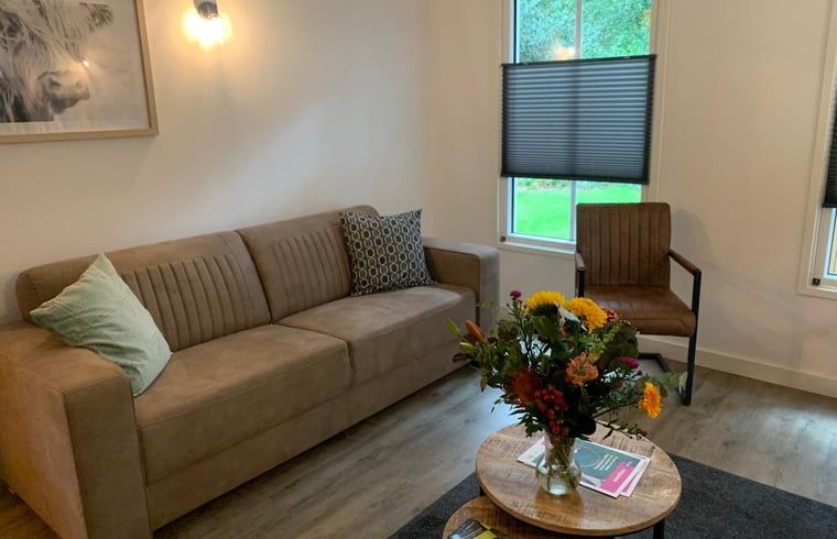 Cozy sitting area in Holiday home in Marienberg, Vecht region, Overijssel, with garden view.