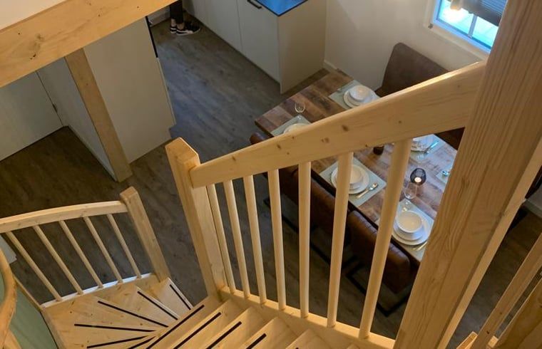 Wooden stairs in Holiday cottage in Marienberg, Vechtstreek, Overijssel, to upper floor.