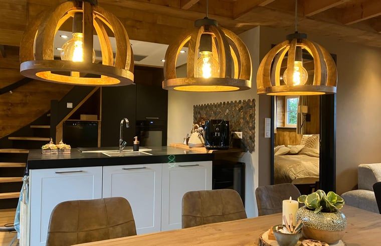 Cozy indoor area of Holiday Home in Giethmen, Overijssel, with atmospheric lighting and modern kitchen.