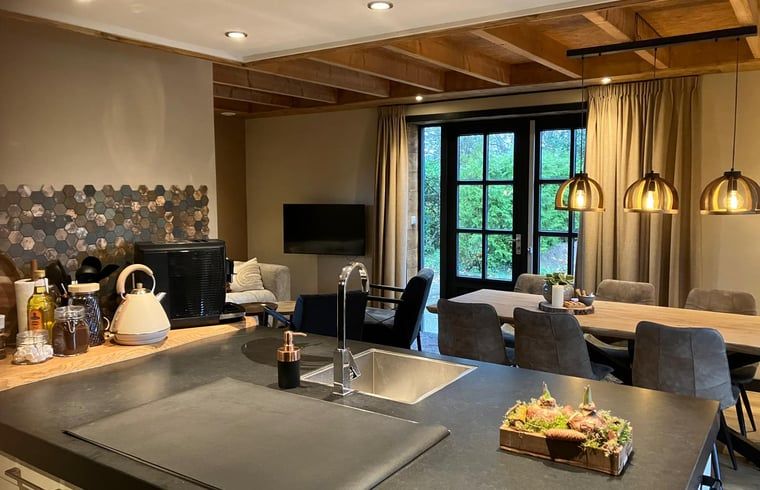 Cozy indoor area of Holiday Home in Giethmen, Overijssel, with modern kitchen and spacious dining area, ideal for relaxing vacations.