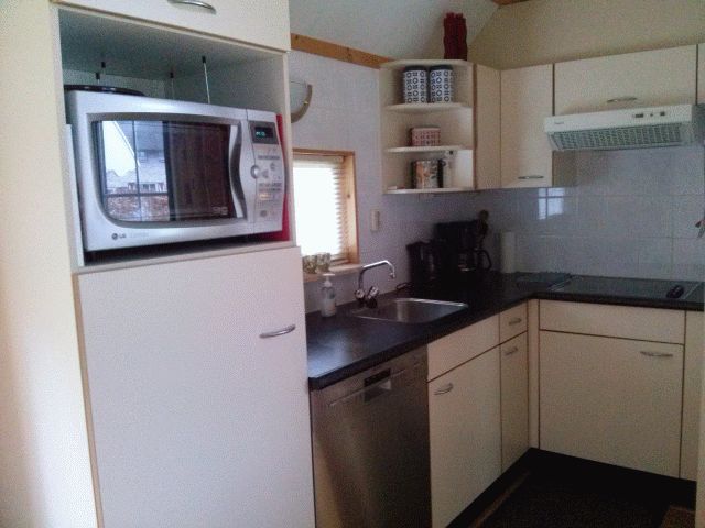 Moderne keuken in vakantiehuis AA-Reestryck, IJhorst, Noordwest Overijssel met magnetron en vaatwasser.