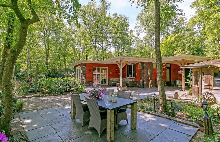 Buiten dineren bij Vakantiehuis in Bergentheim met prachtig uitzicht op de tuin in de Vechtstreek, Overijssel.