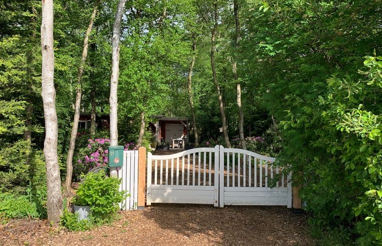Witte toegangspoort naar Vakantiehuis in Bergentheim, verscholen in de Vechtstreek, Overijssel.