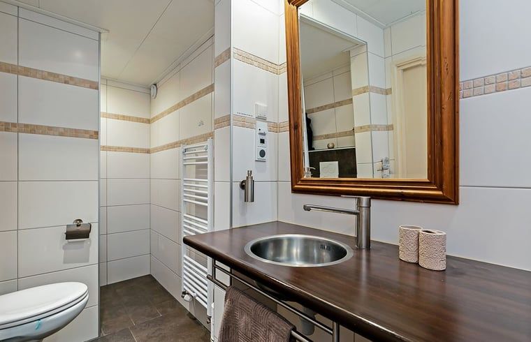Moderne badkamer met houten accenten in Vakantiehuis in Bergentheim, Vechtstreek, Overijssel.