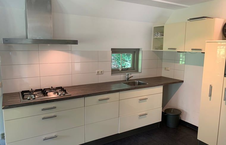 Moderne Kueche im Ferienhaus in Lemele, Vechtgegend Overijssel, mit stilvoller Einrichtung und Blick auf die gruene Natur.