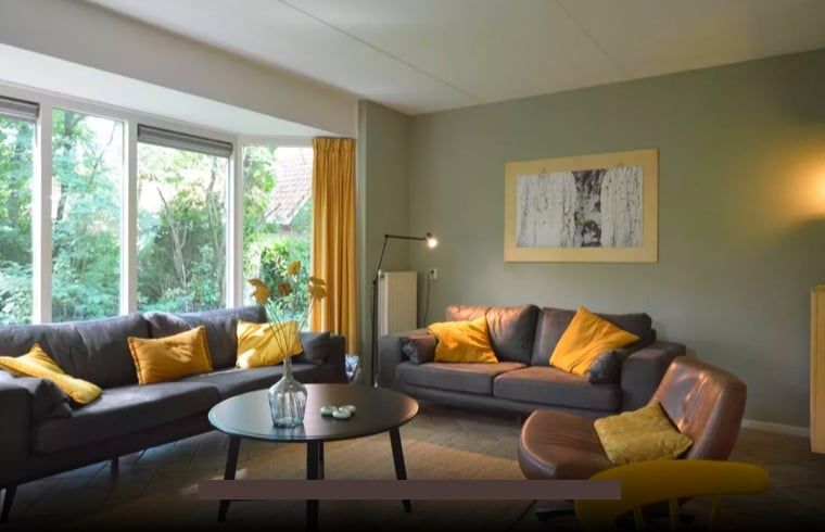 Gezellige woonkamer in Huisje in Lemele, Vechtstreek, Overijssel met comfortabele banken en uitzicht op de tuin.