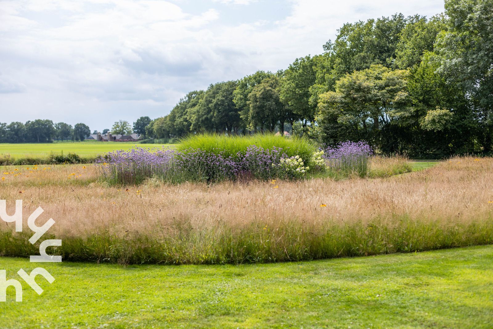 Bluehender Garten mit Blick auf die Felder im Ferienhaus OV689 in Lemele, Overijssel, bunte Natur.