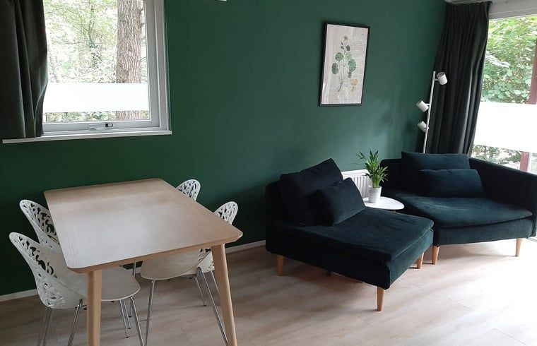 Gemuetlicher Innenbereich im Ferienhaus in Stegeren, Region Vecht, mit bequemen Stuehlen und gruener Wand fuer einen entspannten Aufenthalt.