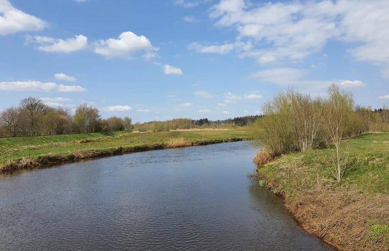 Blick auf die natuerliche Umgebung des Ferienhauses in Stegeren, Vechtstreek, Overijssel, mit weiten sandigen Ebenen und Baeumen.