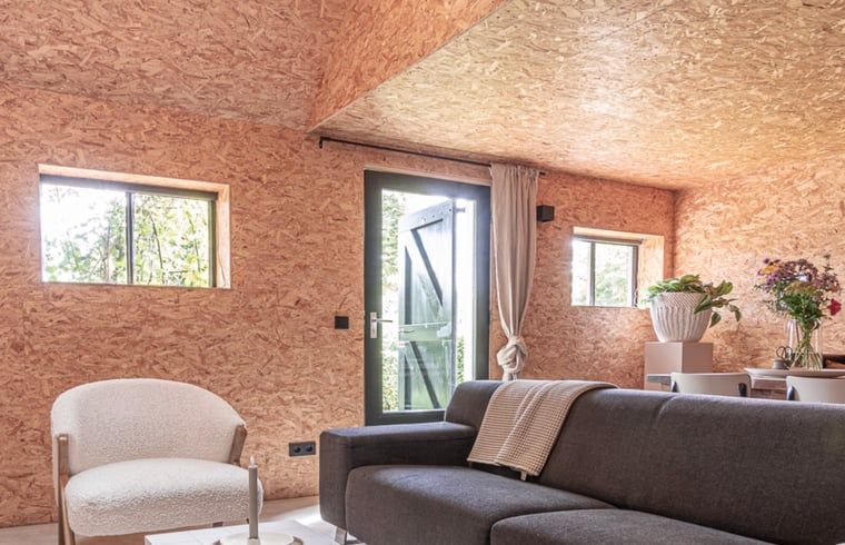 Cozy living room of cottage in Kloosterhaar, Vecht region Overijssel, with modern decor and lots of natural light.