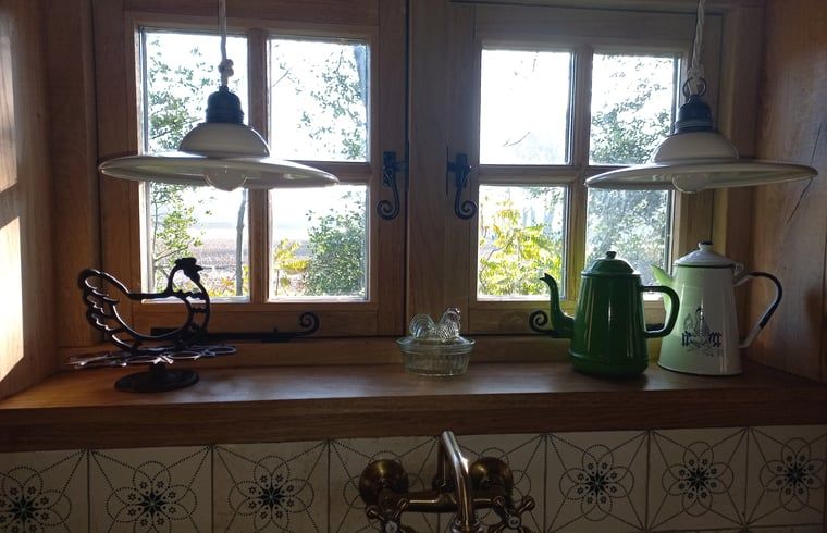 Gezellige keuken van vakantiehuis in Brucht, Vechtstreek, Overijssel met uitzicht op de tuin.