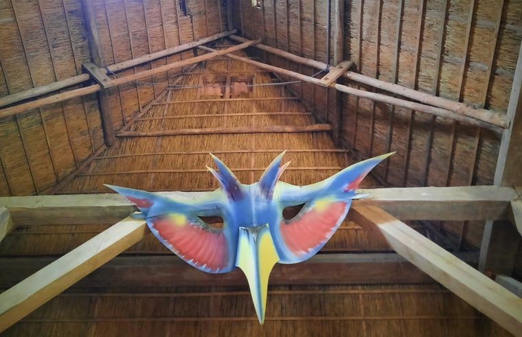 Unique wooden roof construction in Cottage in Giethoorn, vacation home in Giethoorn, Northwest Overijssel, with colorful decoration.