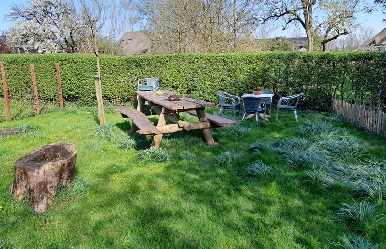 Ruime tuin met picknicktafel bij Vakantiehuisje in Giethoorn, ideaal voor buitenactiviteiten in Noordwest Overijssel, Overijssel.