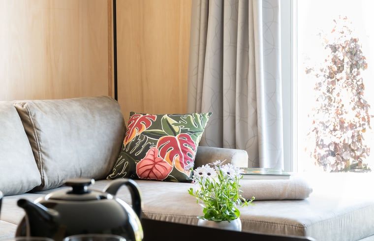 Gemuetliche Sitzecke im Ferienhaus in Scheerwolde, Overijssel, mit bunten Kissen und natuerlichem Licht.