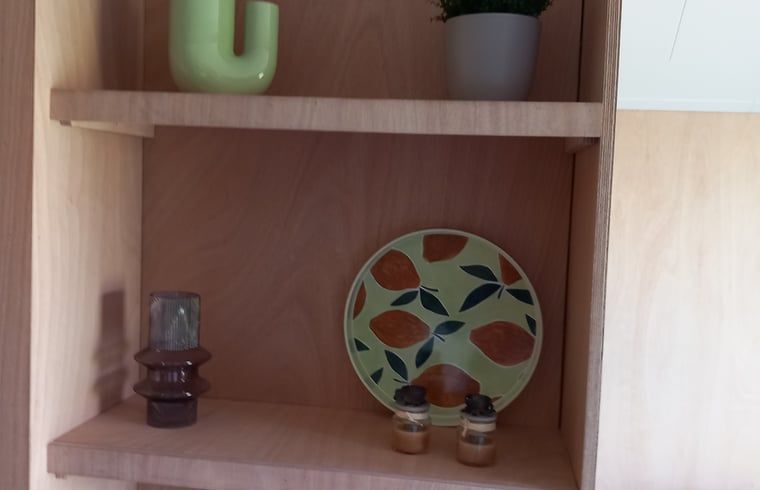 Stilvolle Dekoration im Ferienhaus in Scheerwolde, Overijssel, mit Holzakzenten und modernen Accessoires.