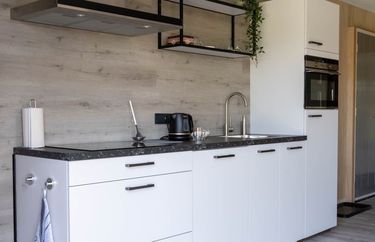 Moderne Kueche im Ferienhaus in Scheerwolde, Overijssel, komplett ausgestattet fuer einen komfortablen Aufenthalt.