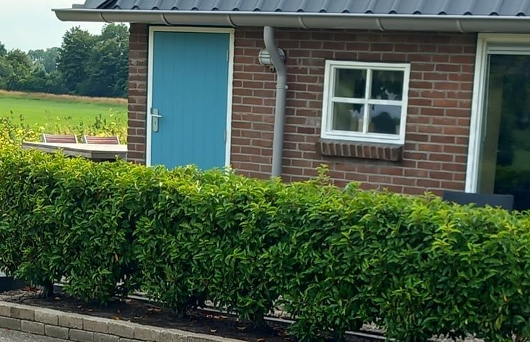 Aussenansicht des Ferienhauses in Scheerwolde, Overijssel, mit blauer Tuer und gruenen Hecken.