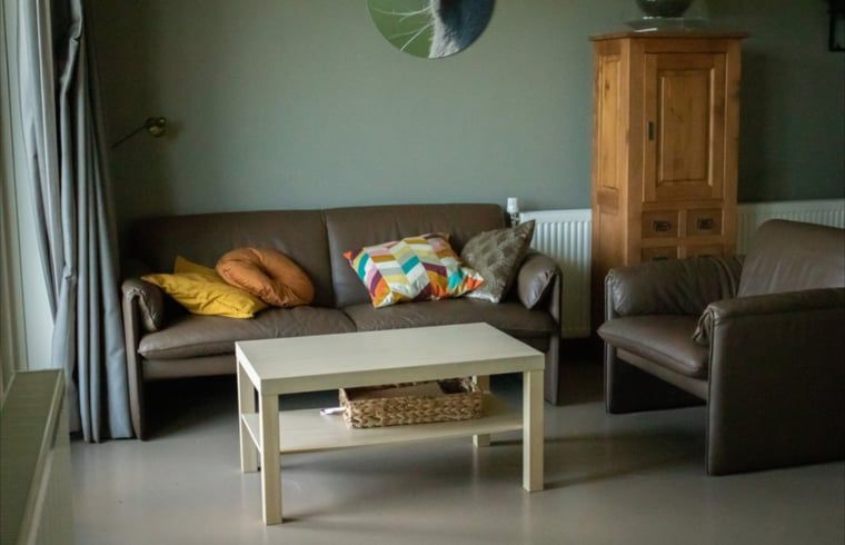 Gezellige woonkamer in Huisje in Steenwijk, vakantiehuis in Noordwest Overijssel, met comfortabele banken en kleurrijke kussens.
