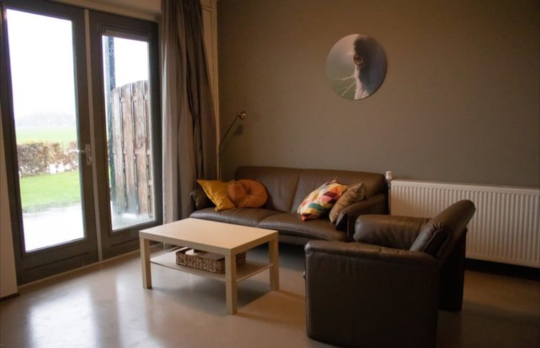 Lichte woonkamer in Huisje in Steenwijk, vakantieaccommodatie in Overijssel, met uitzicht op tuin en stijlvolle inrichting.