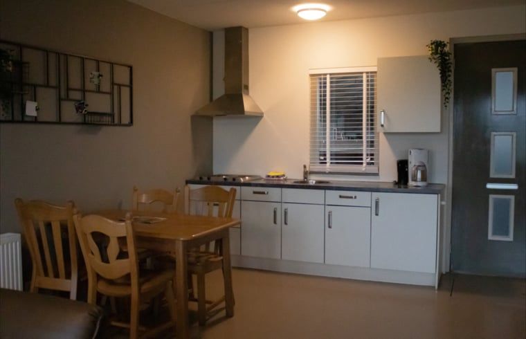 Keuken en eetruimte in Huisje in Steenwijk, vakantiehuis in Noordwest Overijssel, met moderne apparatuur en gezellige eetset.