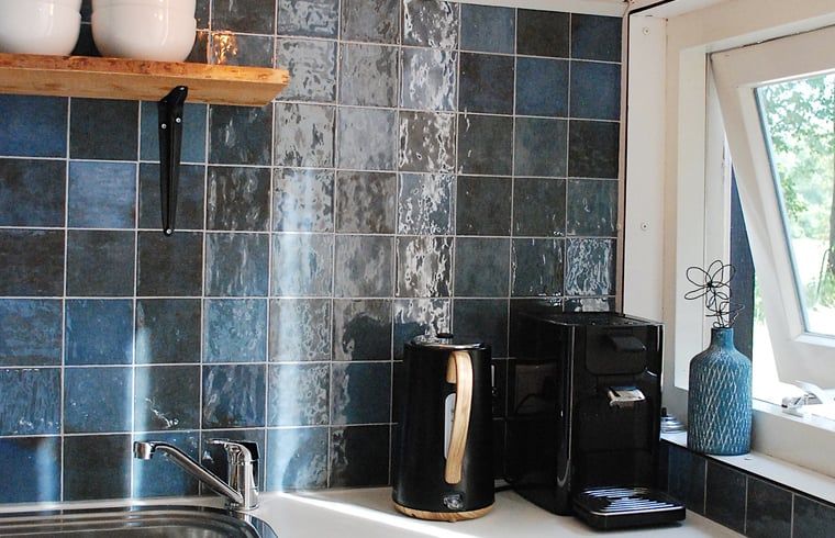 Modern kitchen in Holiday Home in IJhorst, Northwest Overijssel, equipped with stylish tile wall and modern appliances.