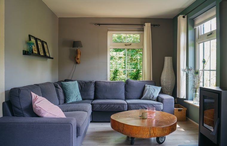 Knusse woonkamer met open haard in Vakantiehuisje in IJhorst, Noordwest Overijssel, Overijssel.