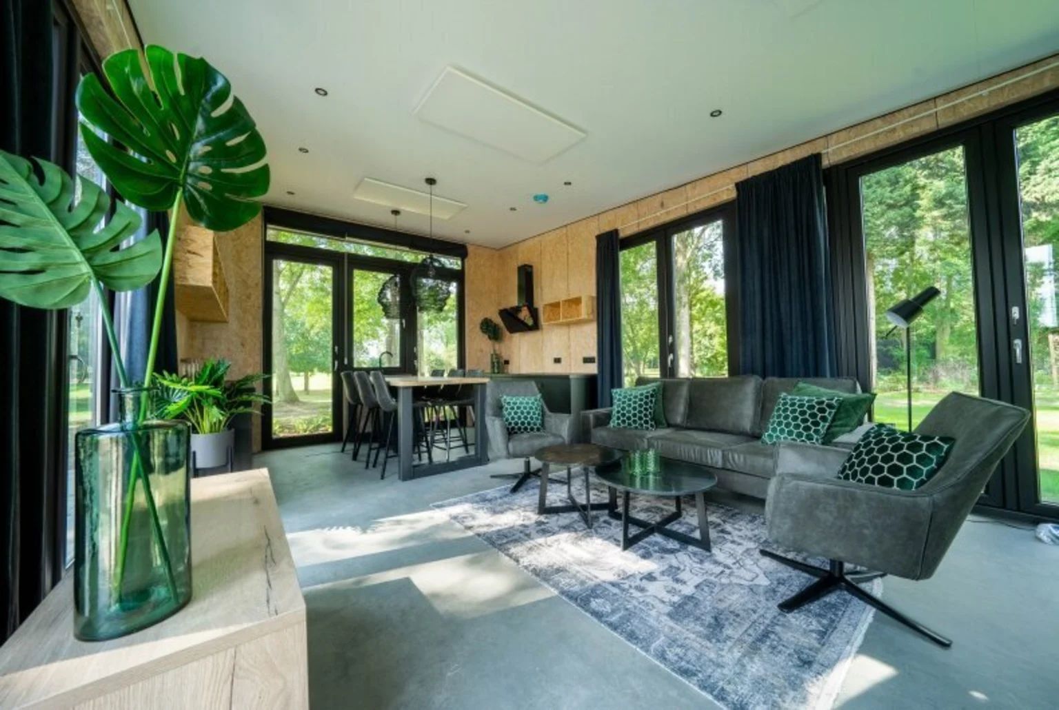 Stylish living room in a detached house in IJhorst, Northwest Overijssel, with modern furnishings and views of the green surroundings.