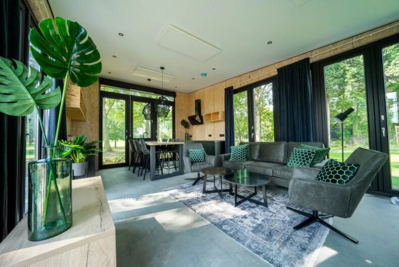 Modernes Wohnzimmer eines freistehenden Hauses in IJhorst, Nordwest-Overijssel, mit groen Fenstern und Blick auf die grne Natur.