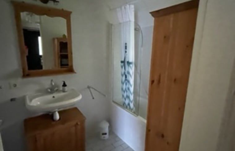 Stylish bathroom of Holiday Home in IJhorst with spacious shower and wooden accents.