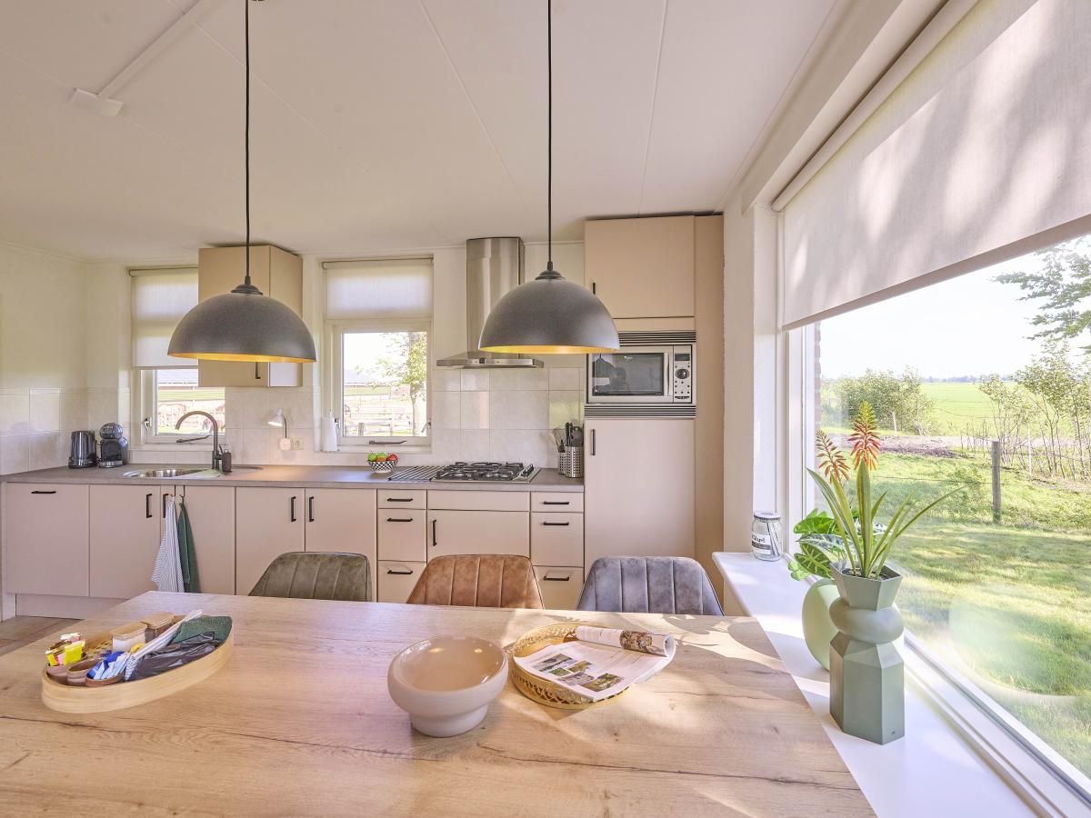 Moderne keuken in Alpa Casa vakantiehuis, Rouveen, Overijssel met uitzicht op de landelijke omgeving.