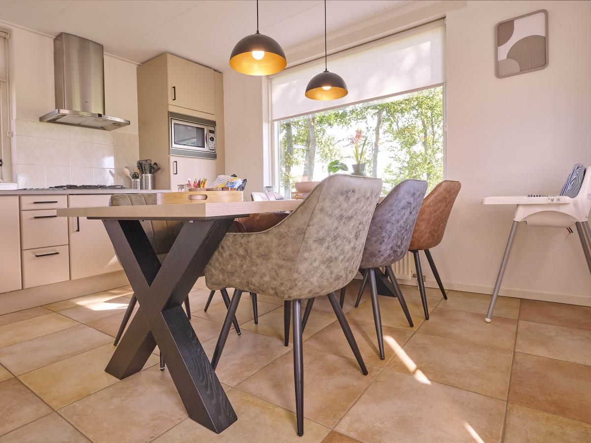 Stijlvolle eetkamerstoelen in Alpa Casa vakantiehuis, Rouveen, Overijssel met uitzicht op de tuin.