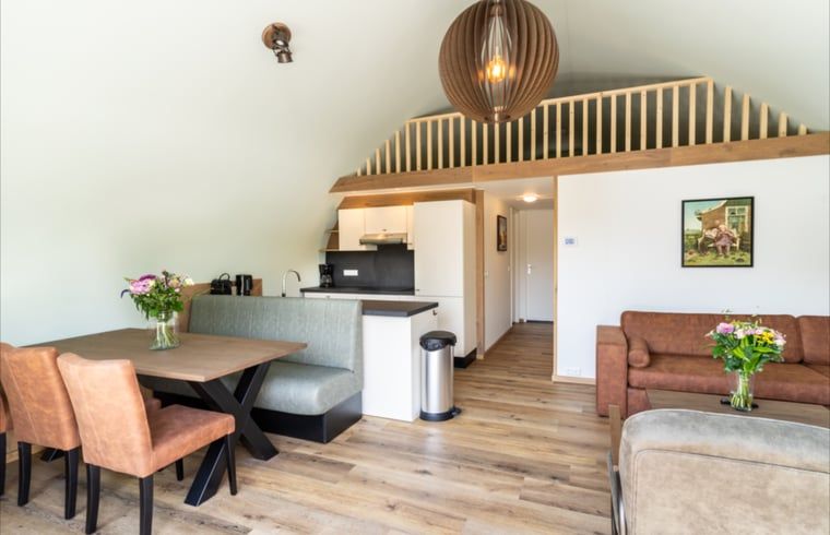 Offene Kueche und Essbereich im modern ausgestatteten Ferienhaus in Baars, Overijssel.