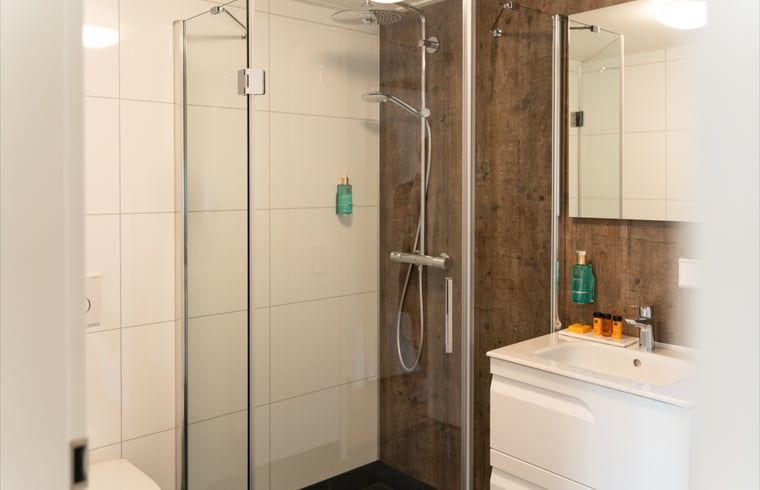 Modernes Badezimmer im Ferienhaus in Baars mit luxurioeser Duscheinrichtung, Overijssel.
