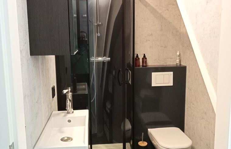 Stijlvolle badkamer in het vakantiehuisje in Staphorst, een oase van rust in Overijssel.