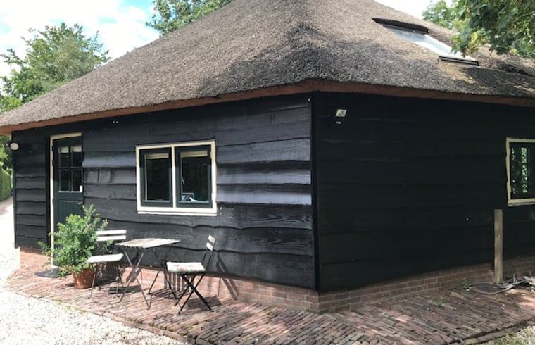 Traditioneel huisje van Huisje in Tienhoven, vakantiehuis in Tienhoven, Utrecht, met rieten dak en buitenzitje.